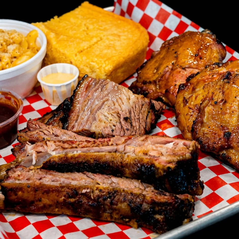 Barbecue platter with ribs, brisket, chicken, mac and cheese, cornbread, and dipping sauces.