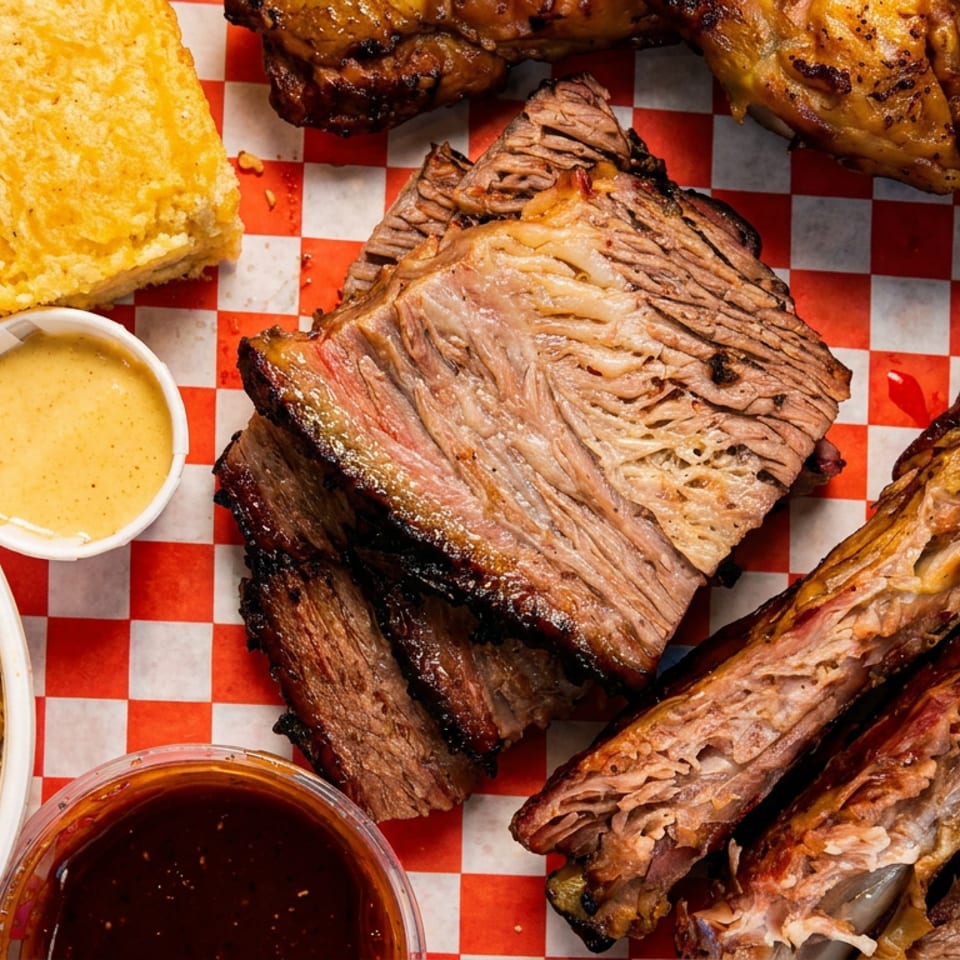 Close-up of BBQ brisket, ribs, mac and cheese, cornbread, and sauces on checkered paper.