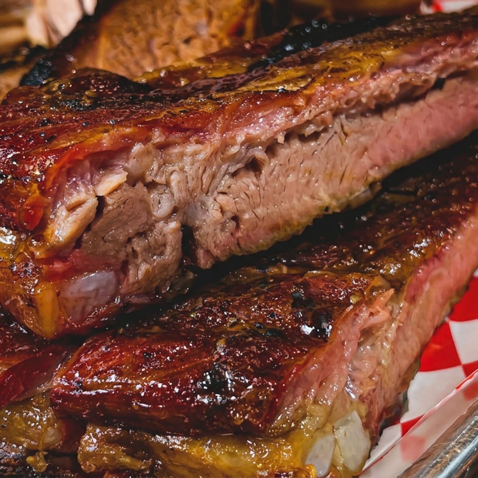 Close-up of juicy, glazed BBQ ribs with visible meat and bone, served on red and white checkered paper.